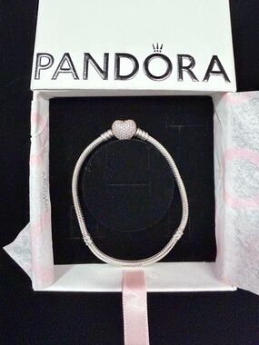 Pandora Silver Bracelet with Pink Pavé Heart Clasp